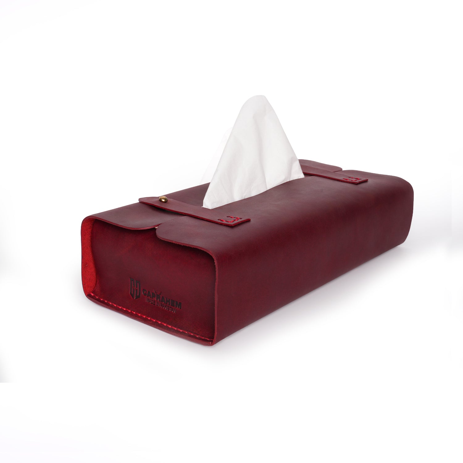 Caprahem TB-02 handmade red leather tissue box cover for home and car — top view with tissues dispensing