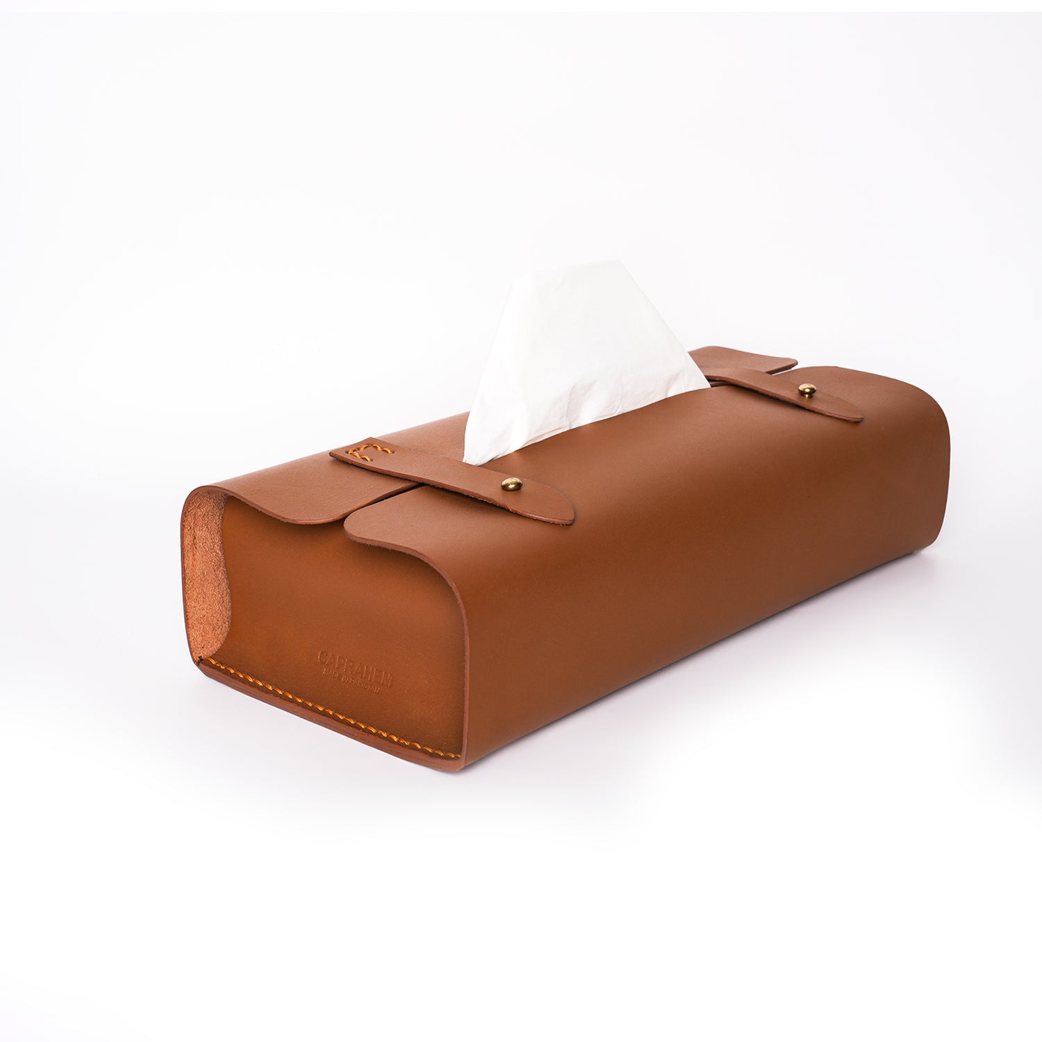 Caprahem TB-02 handmade brown leather tissue box cover for home and car — top view with tissues dispensing