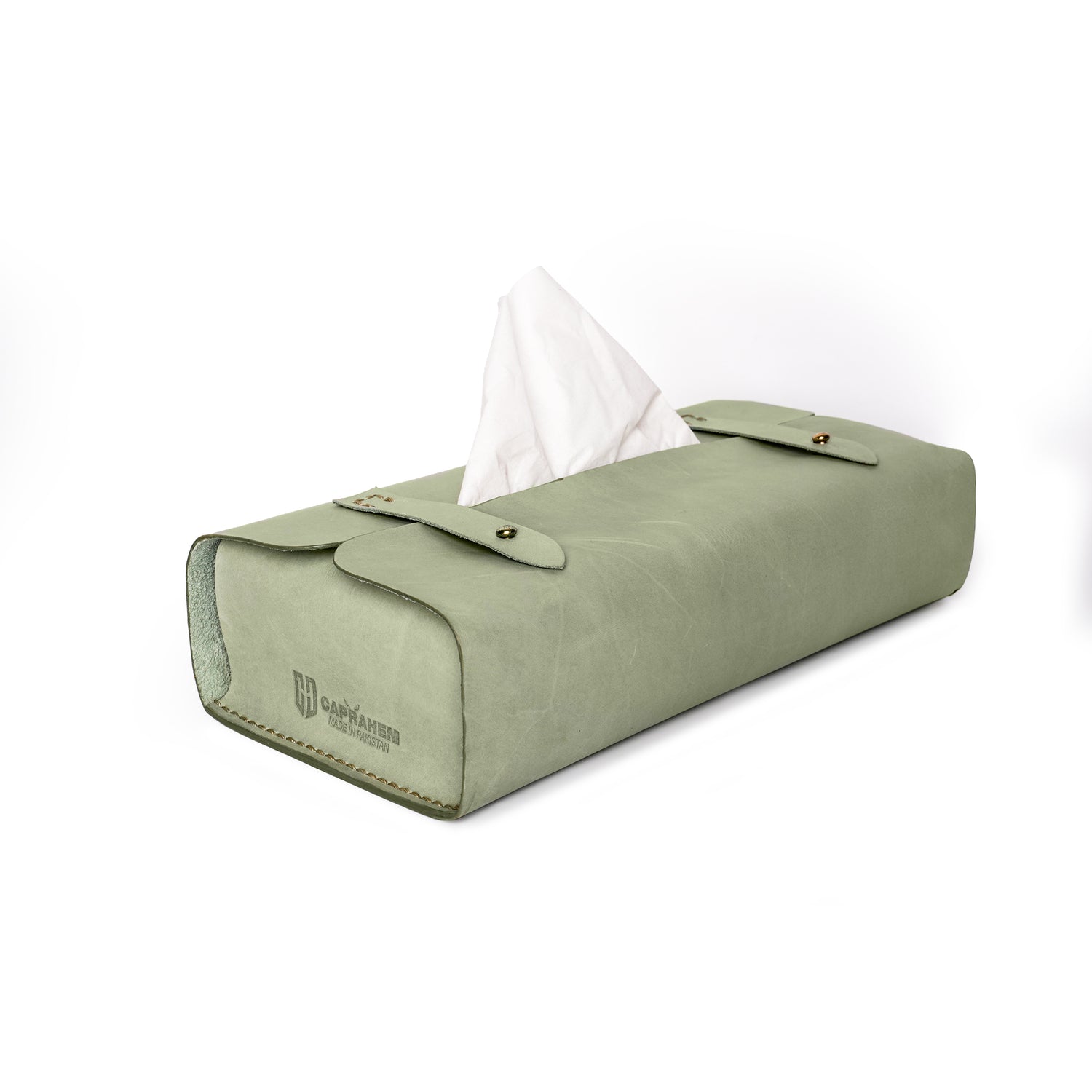 Caprahem TB-02 handmade mint green leather tissue box cover for home and car — handmade leather detail